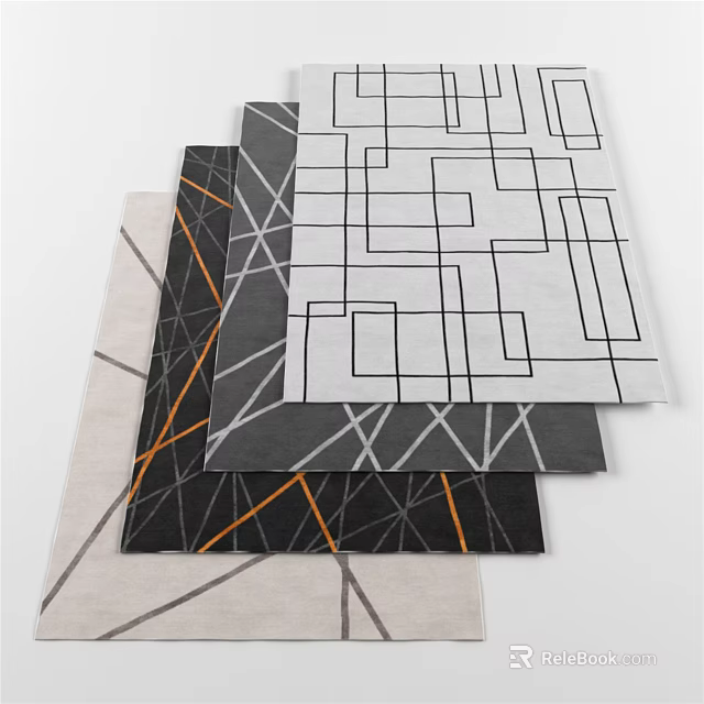 Square Rugs With Modern Geometric Line Patterns In Black Gray And Orange Tones 3d model 