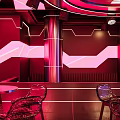 Modern Bar Interior With Purple Lighting Neon Signs Circular Illuminated Decorations And Seating