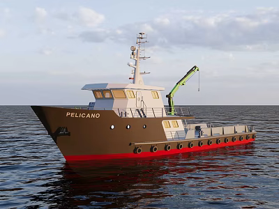 PELICANO Red Brown Work Vessel With Green Crane On Ocean Water 3d model