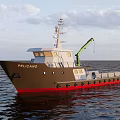 PELICANO Red Brown Work Vessel With Green Crane On Ocean Water