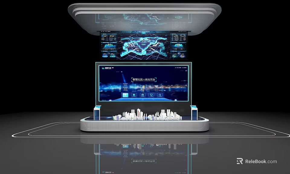 Modern Interactive Tech Display With Digital Screens And City Model Design 3d model 