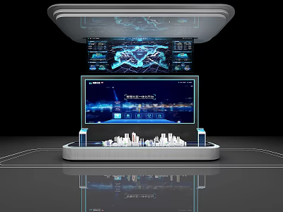 Modern Interactive Tech Display With Digital Screens And City Model Design 3d model