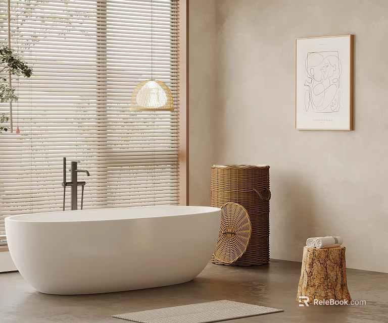 Serene Bathroom Interior With White Freestanding Tub Bamboo Blinds And Artwork 3d model 