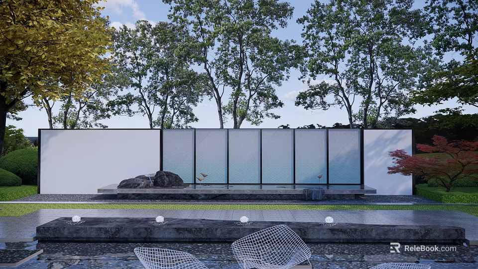 Modern Feature Wall With Glass Panels Lush Trees Water Feature And Stone Paving 3d model 