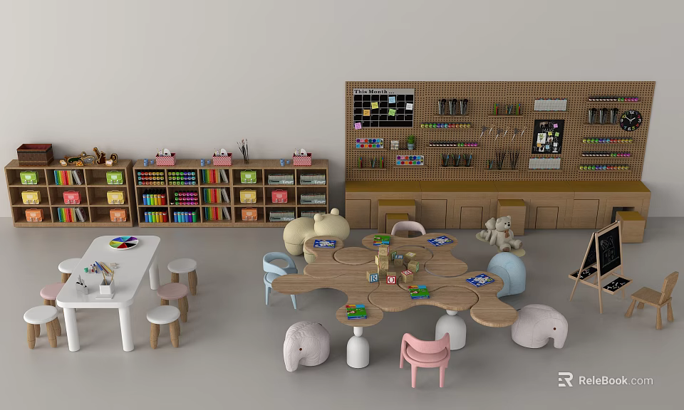 Wooden Children's Table In Kids Play Area With Colorful Chairs Toys And Bookcases 3d model 