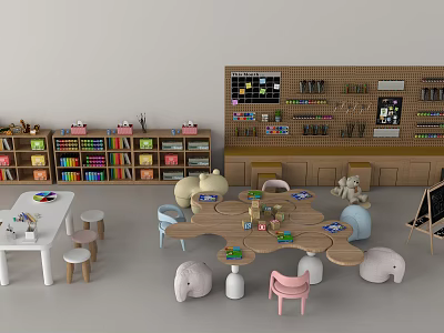 Wooden Children's Table In Kids Play Area With Colorful Chairs Toys And Bookcases 3d model