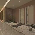 Luxurious SPA Sauna Corridor With Gray Marble Walls Red Maple Tree And Modern Lantern Decor