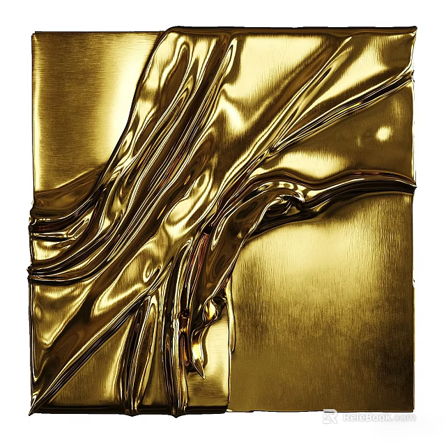 Contemporary Gold Metallic Abstract Painting Featuring Fluid Lines And Shiny Texture 3d model 