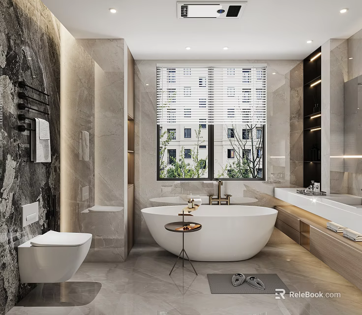 Modern Bathroom Interior With Marble Walls Freestanding Bathtub Window Blinds And Greenery View 3d model 