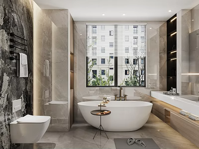 Modern Bathroom Interior With Marble Walls Freestanding Bathtub Window Blinds And Greenery View 3d model