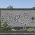 Chinese Style Decorative Wall featuring Central Fulu Relief Ornate Patterns Side Lanterns Rockery and Greenery
