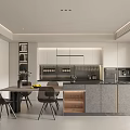 Modern Restaurant Kitchen Interior With Dining Table Chairs Cabinets And Appliances