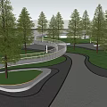 Nighttime Park Landscape With Starlit Sky Tall Trees Winding Path White Railings And Illuminated Edges