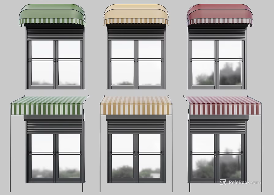 Colorful Striped Window Awnings in Green Beige Red for Outdoor Use 3d model 