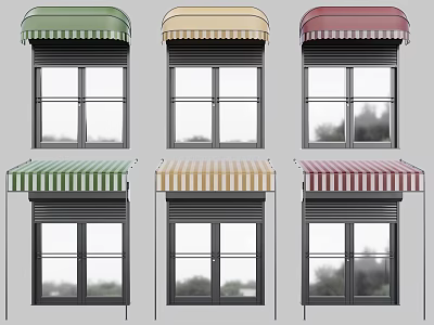 Colorful Striped Window Awnings in Green Beige Red for Outdoor Use 3d model
