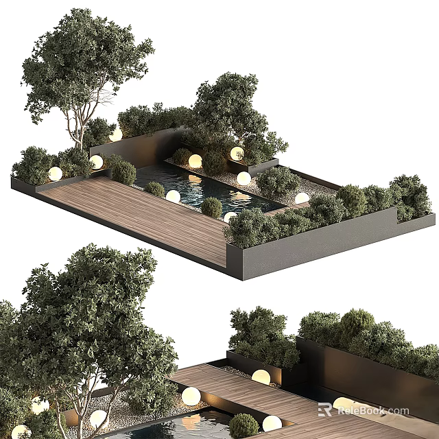Modern Outdoor Wall Lights In Garden With Pool Wooden Deck And Green Trees 3d model 
