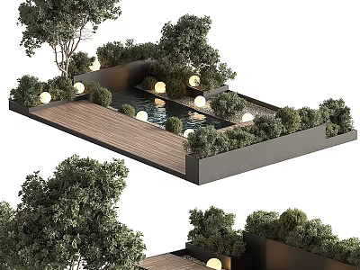 Modern Outdoor Wall Lights In Garden With Pool Wooden Deck And Green Trees 3d model
