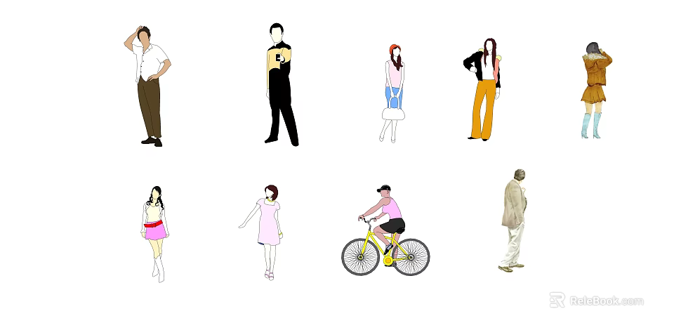People in Various Poses and Different Casual Outfits Including Standing and Cycling 3d model 