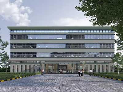 Modern Multi Storey Office Building With Glass Curtain Walls Trees Around Entrance Stone Path 3d model