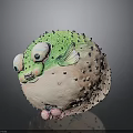 Cute Round Pufferfish With Green Back Spiky Texture Big Eyes And Pink Belly