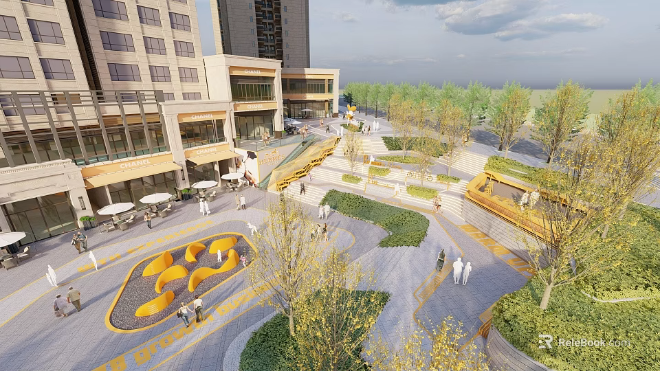 Modern Urban Plaza Landscape With Green Plants People Walking And Leisure Areas 3d model 