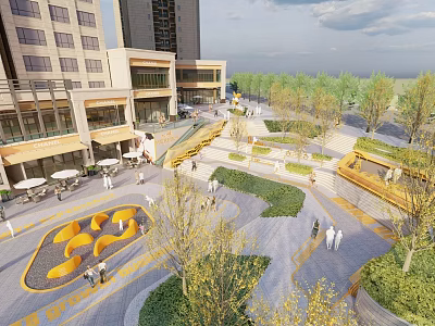 Modern Urban Plaza Landscape With Green Plants People Walking And Leisure Areas 3d model