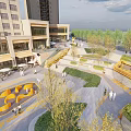 Modern Urban Plaza Landscape With Green Plants People Walking And Leisure Areas