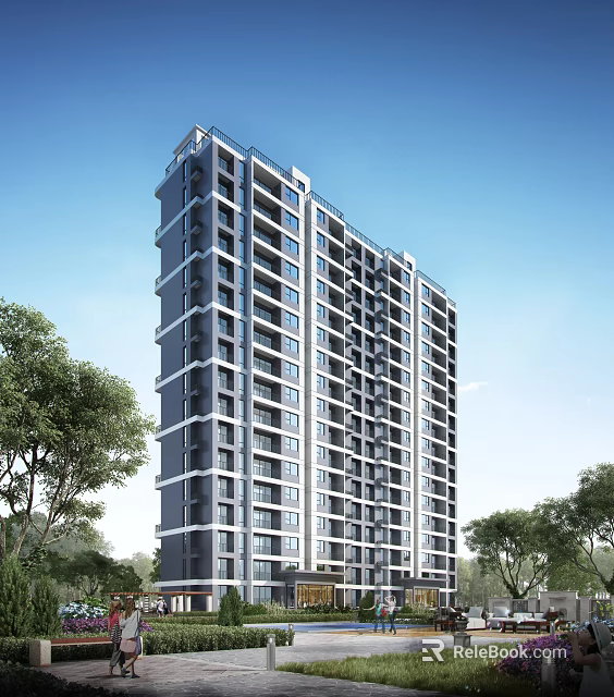 Modern High Rise Residential Building With Windows Balconies Surrounded By Trees 3d model 