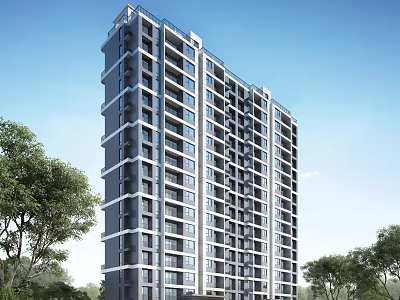 Modern High Rise Residential Building With Windows Balconies Surrounded By Trees 3d model