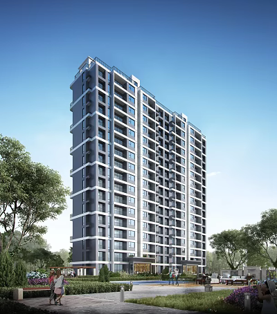 Modern High Rise Residential Building With Windows Balconies Surrounded By Trees 3d model