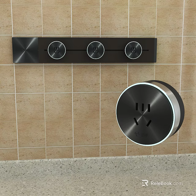 Modern Black Switch Panels With Circular Knobs And Round Socket On Tile Wall 3d model 