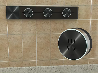 Modern Black Switch Panels With Circular Knobs And Round Socket On Tile Wall 3d model