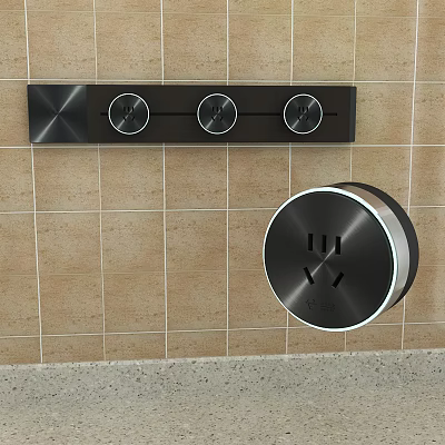 Modern Black Switch Panels With Circular Knobs And Round Socket On Tile Wall 3d model