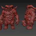 Horned Muscular Mythical Game Movie Character With Orange Armor Axe Clawed Feet And Red Gem
