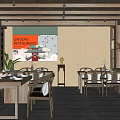 Traditional Chinese Restaurant Interior With Wooden Ceiling Long Dining Table And Seating