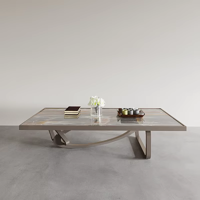 Modern Coffee Table with Marble Top and Curved Metal Base Featuring White Flowers Books and Tray 3d model