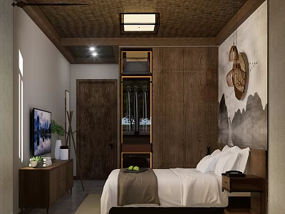 Traditional Chinese Hotel Room With Wooden Furniture And Landscape Wall Decor 3d model