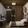 Traditional Chinese Hotel Room With Wooden Furniture And Landscape Wall Decor