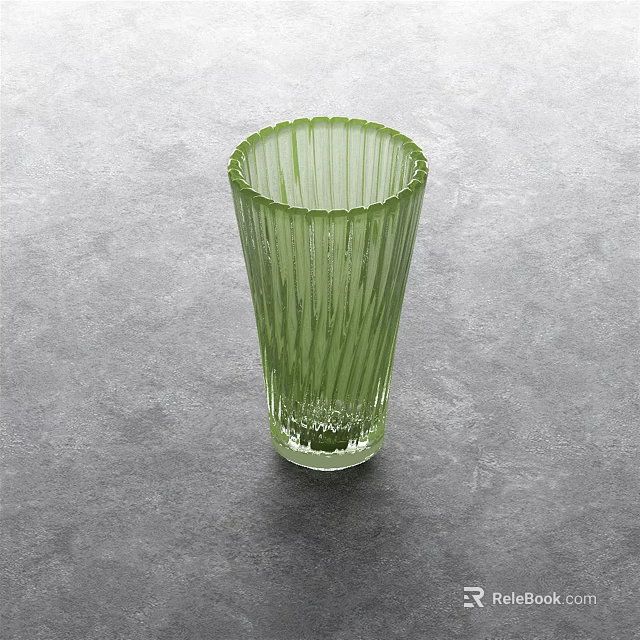 Green Glass Vase With Vertical Stripes Holding Fresh Flowers On Gray Surface 3d model 