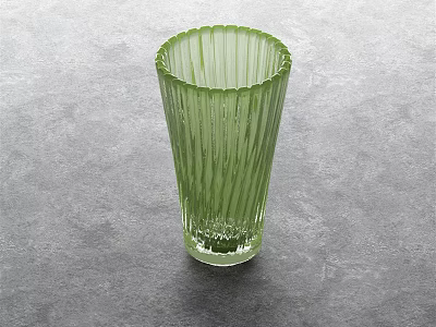 Green Glass Vase With Vertical Stripes Holding Fresh Flowers On Gray Surface 3d model