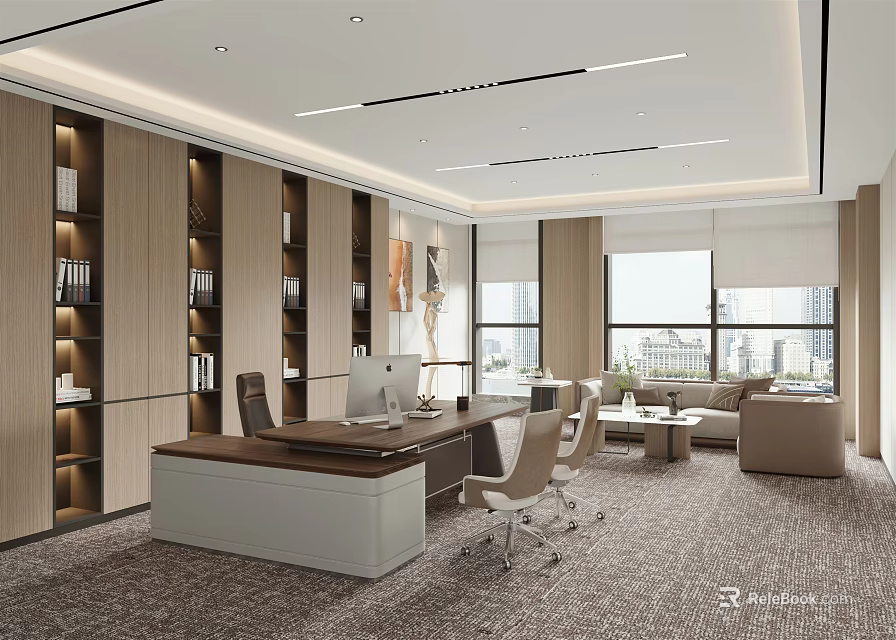 Modern Office Interior Design With Desk Computer Chairs Sofa And City View 3d model