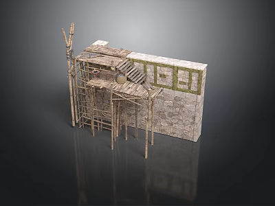 Traditional Building Under Construction With Stone Wall Wooden Scaffolding And Window Frames 3d model