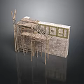 Traditional Building Under Construction With Stone Wall Wooden Scaffolding And Window Frames