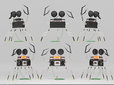 Multiple Artistic Mechanical Sculptures With Black Circular Parts Radio Like Body And Slender Legs 3d model
