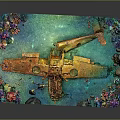 Underwater Sunken Ship Building with Colorful Corals Aquatic Plants Fish School and Blue Water Flow