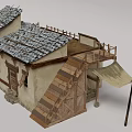 Traditional Rural Building With Stone Slab Roof Wooden Lattice Windows Wooden Door And Wooden Steps