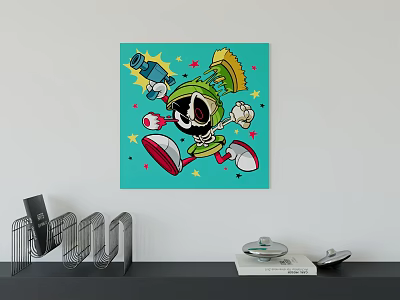 Vibrant Cartoon Animal Painting with Green Hat Big Eyes and Blue Background Star Decorations 3d model