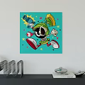 Vibrant Cartoon Animal Painting with Green Hat Big Eyes and Blue Background Star Decorations