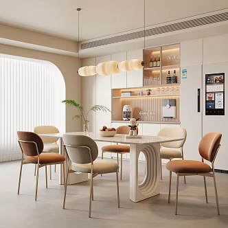 Cream Style Restaurant Dining Table and Chair Combination Rectangular Dining Table and Chair Cream Style Dining Table and Chair Sideboard Chandelier Rock Board Dining Table Lamb Fleece Dining Chair 3d model