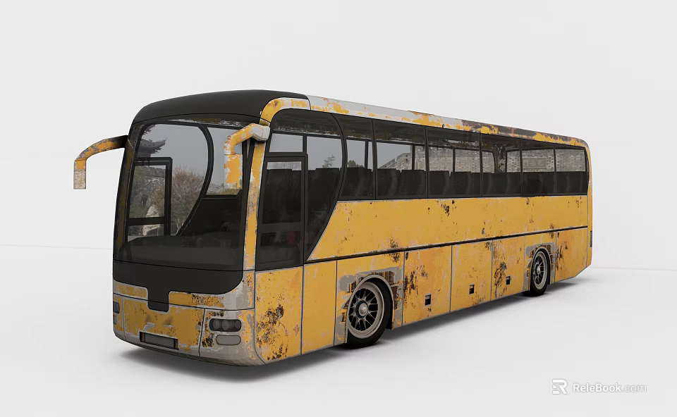 Old Rusty Yellow Bus Exterior With Worn Paint And Large Windows 3d model